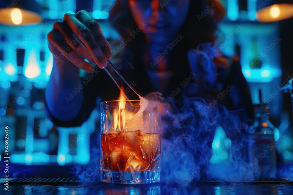 custom made wallpaper toronto digitalBartender girl adding to a brown cocktail and pour on a flamed badian on tweezers a powdered sugar on the bar counter in the blue light
