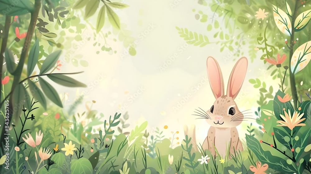 Delightful Bunny Skipping Amid Verdant Flower Filled Landscape with Charming Page Design and Empty Central Space for Composition Delightful Bunny Skipping Amid Verdant Flower Filled Landscape with Charming Page Design and Empty Central Space for Composition