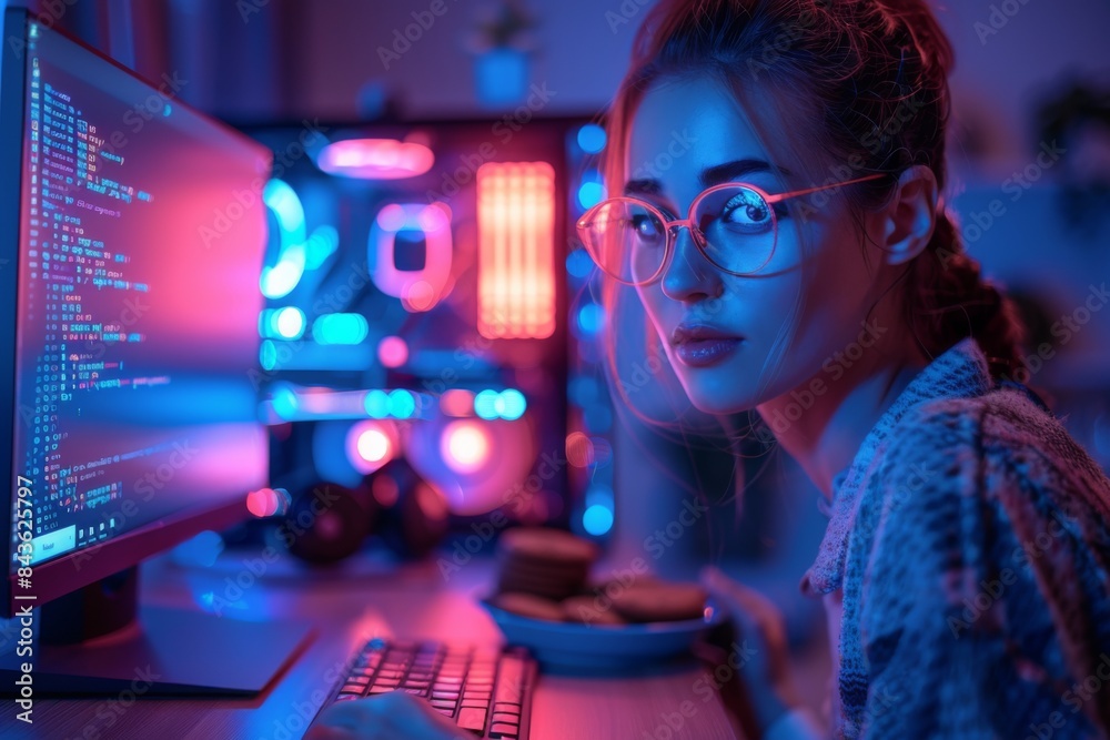 young blonde woman with pink hair working at night with a computer in night young blonde woman with pink hair working at night with a computer in night