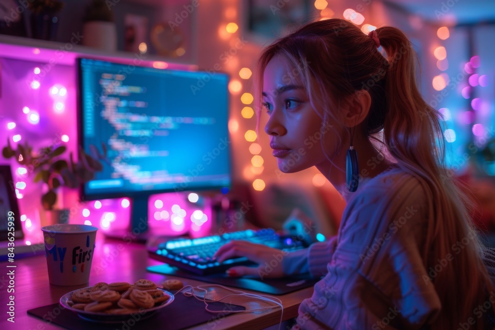 young blonde woman with pink hair working at night with a computer in night young blonde woman with pink hair working at night with a computer in night
