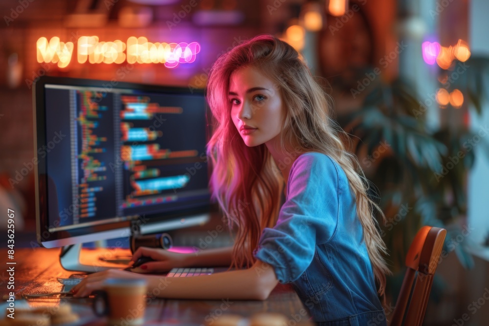 young blonde woman with pink hair working at night with a computer in night