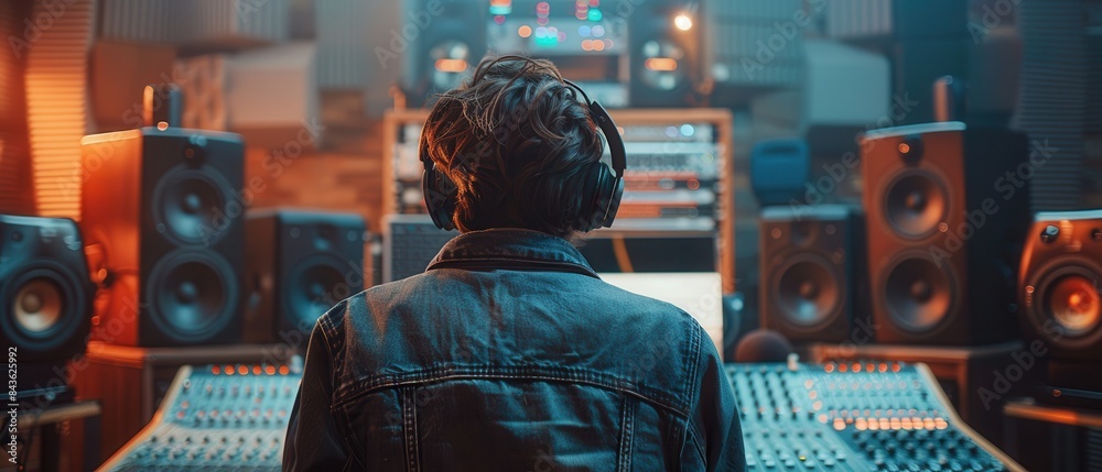 A sound engineer focused on editing tracks in a contemporary studio, stylish outfit and large headphones, seen from behind A sound engineer focused on editing tracks in a contemporary studio, stylish outfit and large headphones, seen from behind