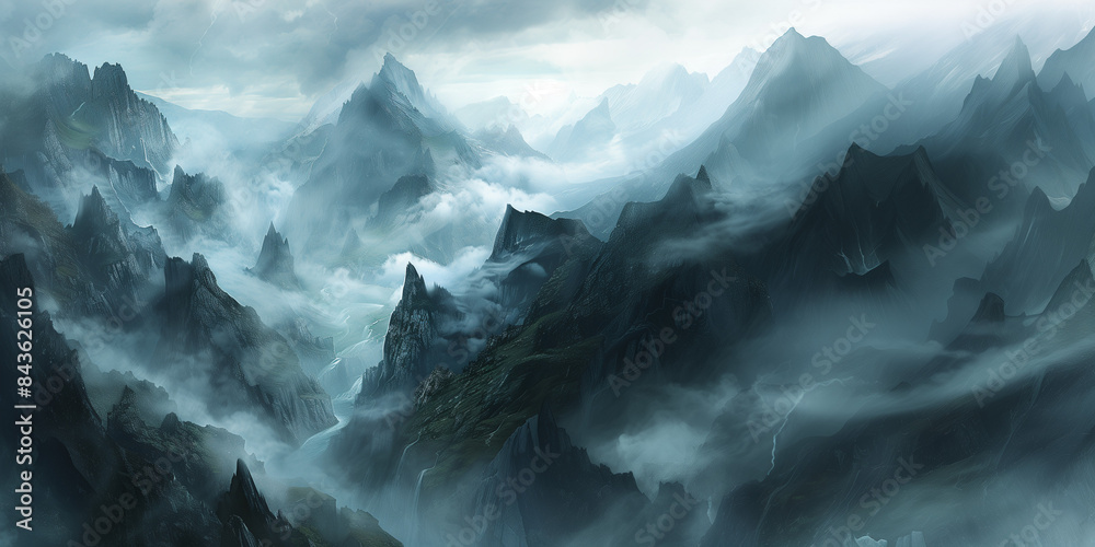A mountain landscape with low-hanging fog and misty clouds drifting among the peaks, creating a mystical and serene environment A mountain landscape with low-hanging fog and misty clouds drifting among the peaks, creating a mystical and serene environment