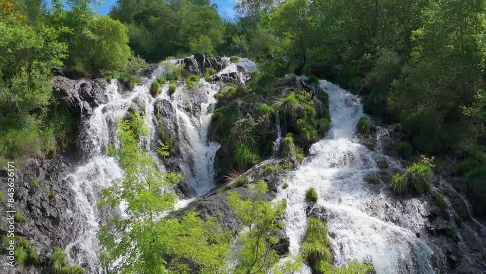 Majestic Waterfall Of Furelos River In Toques, Melide, A Coruna, Galicia, Spain. Aerial Drone Shot Majestic Waterfall Of Furelos River In Toques, Melide, A Coruna, Galicia, Spain. Aerial Drone Shot