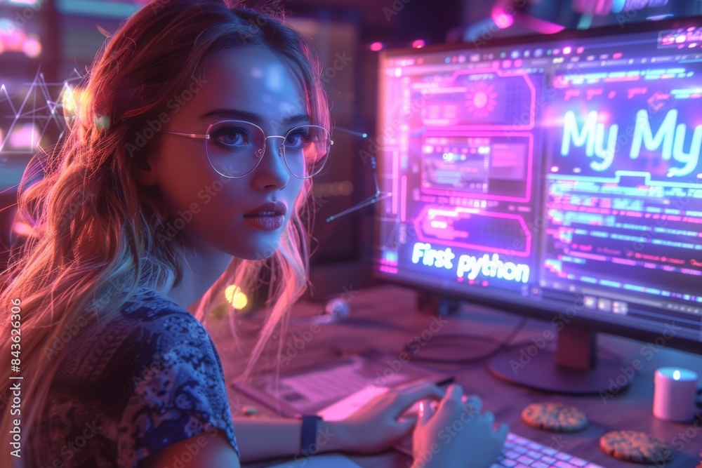 young blonde woman with pink hair working at night with a computer in night young blonde woman with pink hair working at night with a computer in night