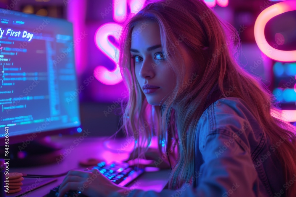 young blonde woman with pink hair working at night with a computer in night young blonde woman with pink hair working at night with a computer in night