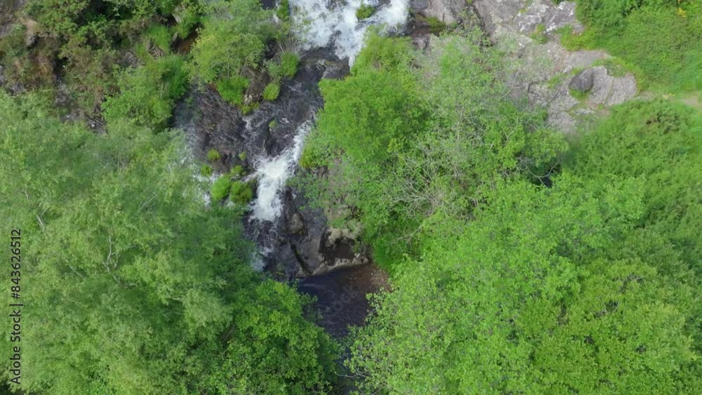 Aerial Drone View Of Wild River Waterfalls In Toques, Galicia Spain.