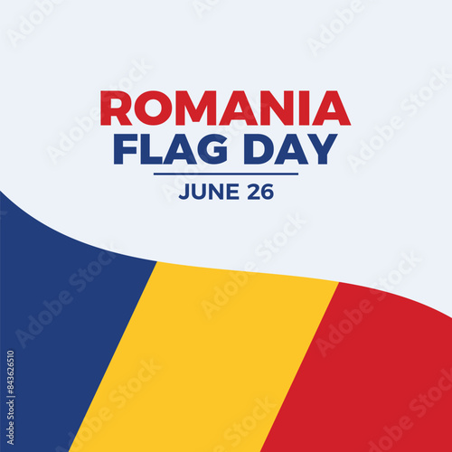 Romania Flag Day poster vector illustration. Waving Romanian flag frame vector. Template for background, banner, card. Abstract Romania flag symbol. June 26 every year. Important day