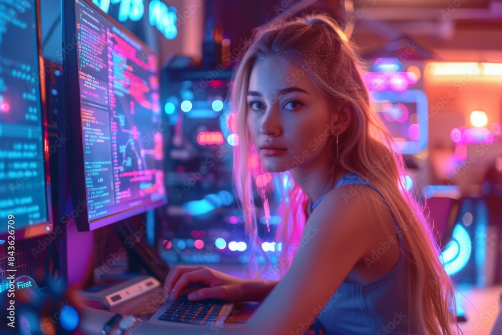 young blonde woman with pink hair working at night with a computer in night young blonde woman with pink hair working at night with a computer in night