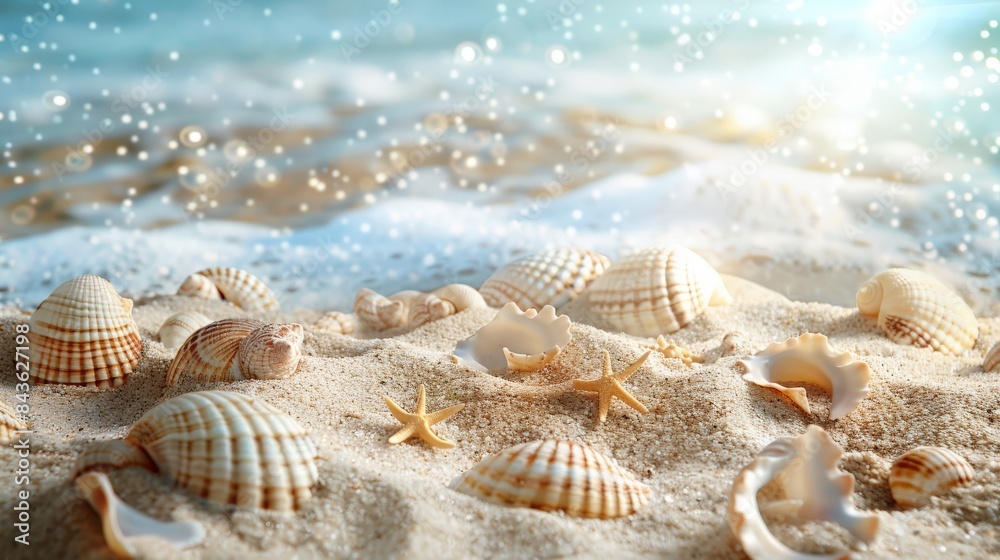 Seashells and Starfish on Glittering Beach Seashells and Starfish on Glittering Beach