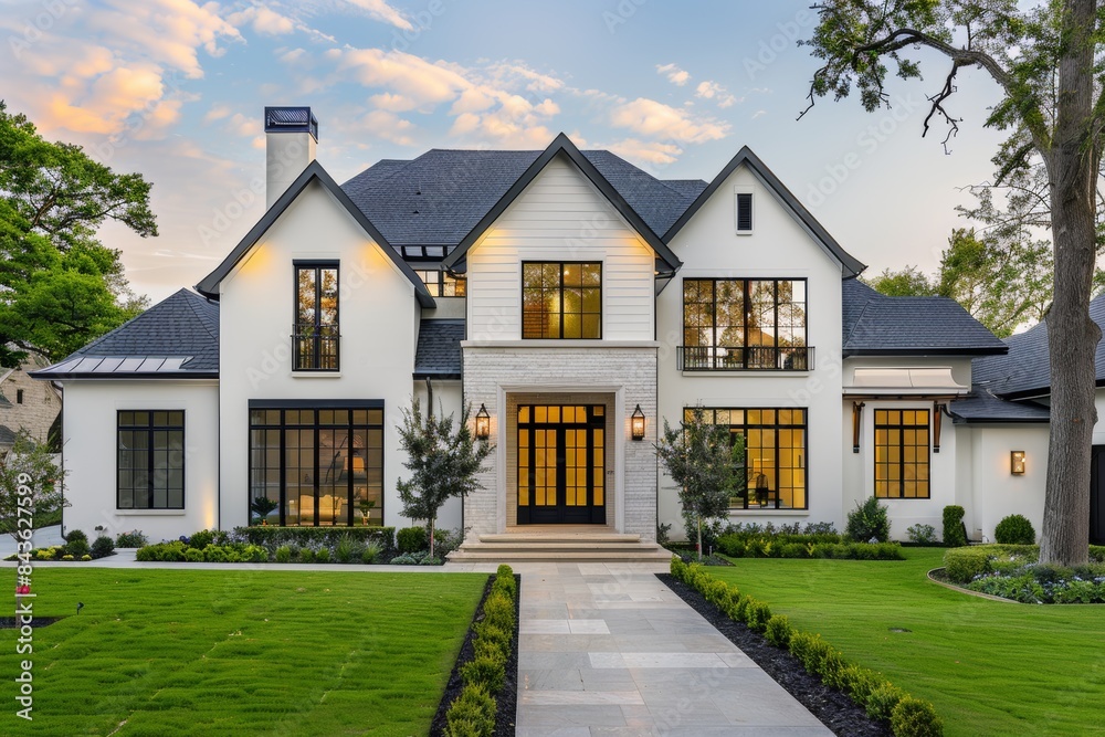 Modern White House With Black Windows and Stone Accents in Suburbia at Sunset Modern White House With Black Windows and Stone Accents in Suburbia at Sunset