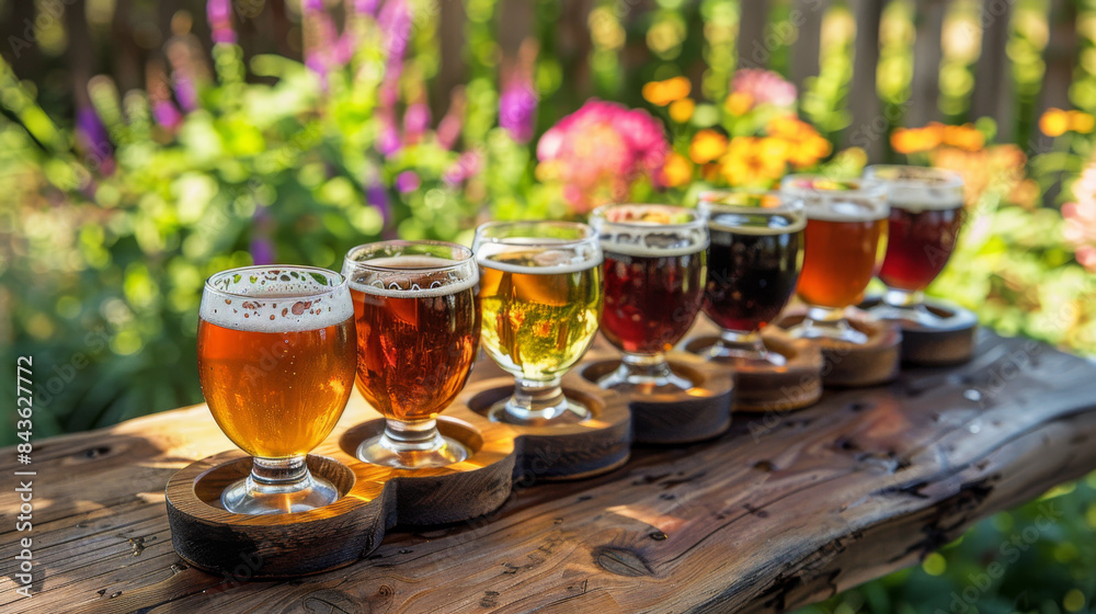 A wooden table with a variety of beer glasses on it A wooden table with a variety of beer glasses on it