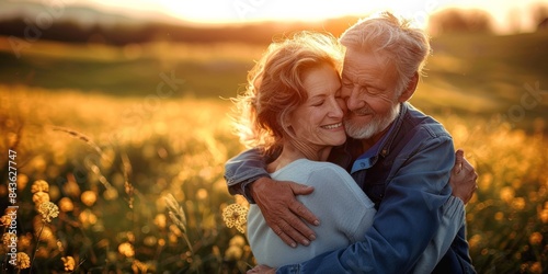 Fototapeta Naklejka Na Ścianę i Meble -  Beautiful elder couple together, hugging in a meadow at sunset, embodying love and togetherness