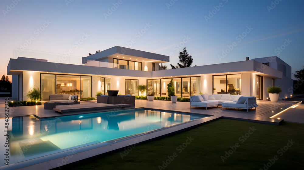 Obraz premium Luxury Modern Home with Infinity Pool and Evening Lights