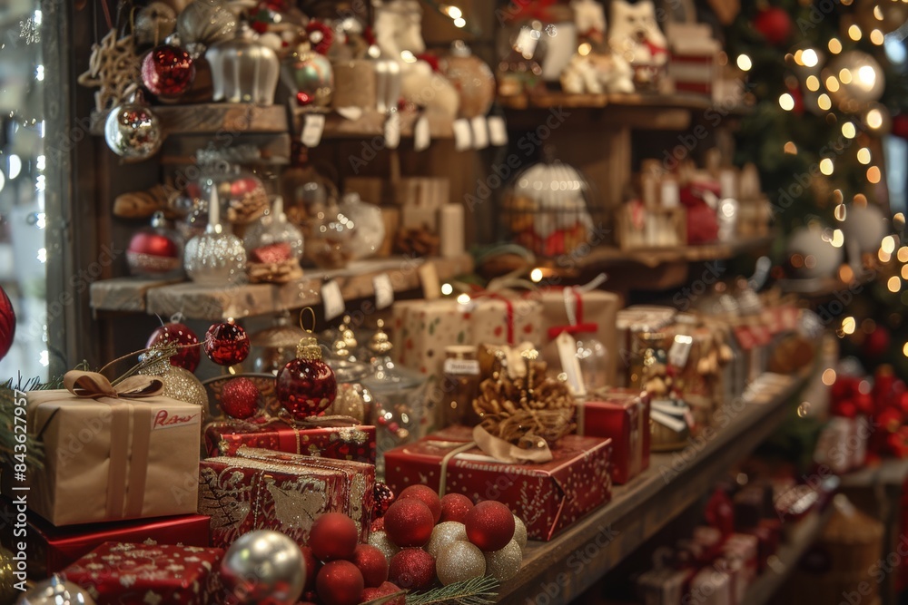 Festive Christmas Decorations and Gifts Display
