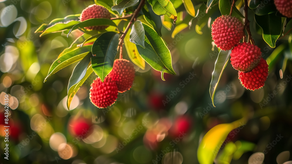 Obraz premium Ripe lychees hang from lush trees under the sun, shining and ready to burst. 