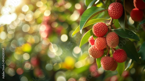 Ripe lychees hang from lush trees under the sun, shining and ready to burst.  photo