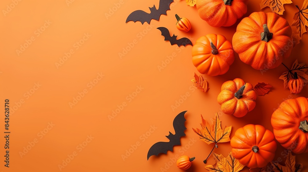 Happy Halloween holiday concept. Halloween decorations, pumpkins, bats, maple leaves on orange background. Minimal style. Flat lay, top view. Happy Halloween holiday concept. Halloween decorations, pumpkins, bats, maple leaves on orange background. Minimal style. Flat lay, top view.