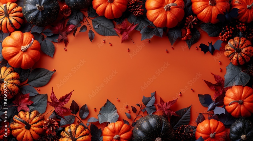 Fototapeta premium Happy Halloween holiday concept. Halloween decorations, pumpkins, bats, maple leaves on orange background. Minimal style. Flat lay, top view.