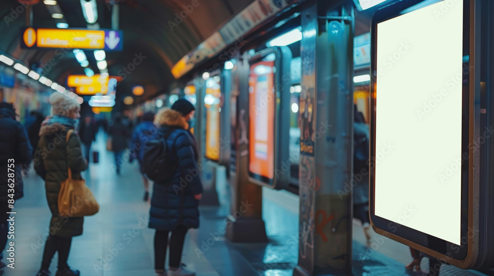 Fototapeta premium Blank white digital sign billboard poster mockup in train station during evening. Empty advertisement light box on the underground subway hall. Generative ai.