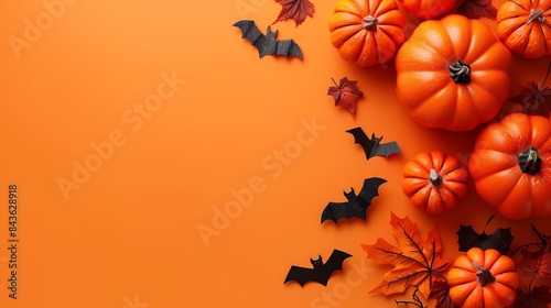 Happy Halloween holiday concept. Halloween decorations  pumpkins  bats  maple leaves on orange background. Minimal style. Flat lay  top view.