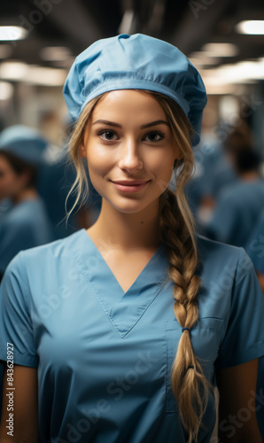 Female nurse in an emergency room, selfie view from a smartphone, wearing blue scrubs and face mask.