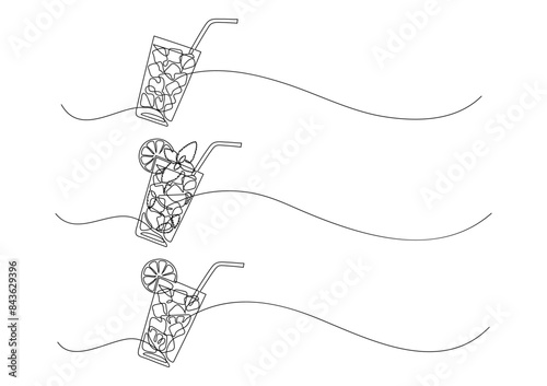 Set of glass of lemonade, mojito, or cocktail and water. Continuous line drawing.