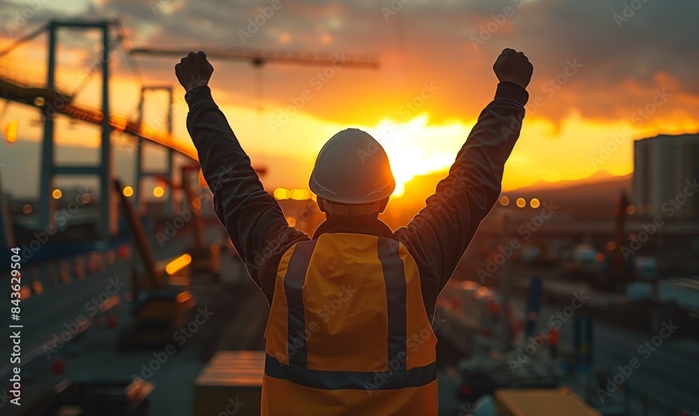 Foto de Silhouette back of engineer or builder man raise hands up look ...