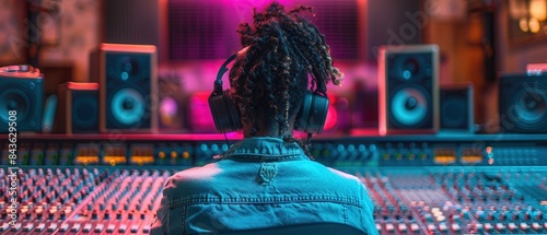 An individual working on a soundboard in a stateoftheart studio, fashionable outfit and large headphones, back view