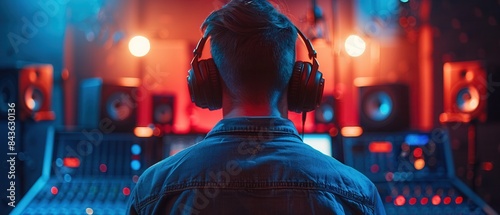 An individual working on sound production in a contemporary studio, stylish attire and big headphones, from behind