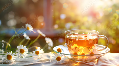 A cup of herbal tea with chamomile flowers on the sunny table. blurred background. closeup 