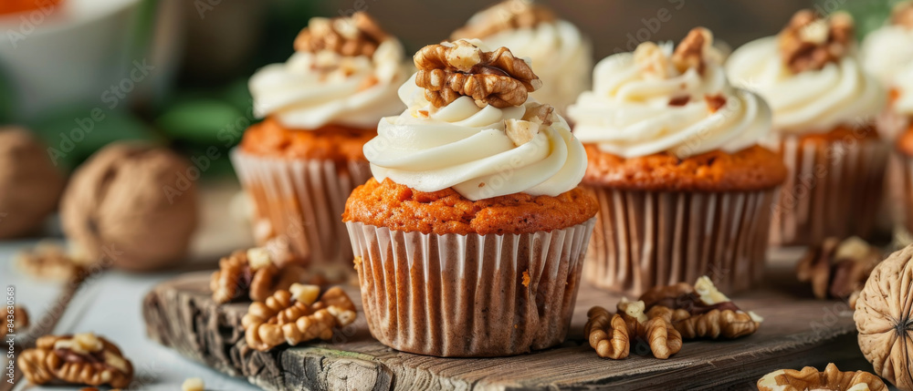 Three cupcakes with walnuts on top and walnuts on the table Three cupcakes with walnuts on top and walnuts on the table