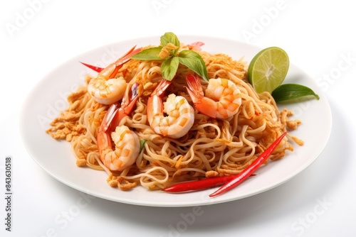 Thai Fried Noodle with Prawns noodle spaghetti plate.