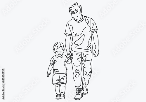 line art illustration of a child and their father walking together.Parents and child. father day concept. isolate white background.
