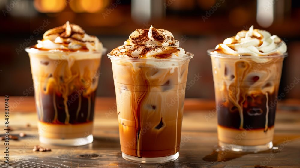 Iced caramel latte in a tall glass with drips of caramel sauce, fancy coffee drink. Cold cream coffee. Frappuccino. Iced caramel latte in a tall glass with drips of caramel sauce, fancy coffee drink. Cold cream coffee. Frappuccino.