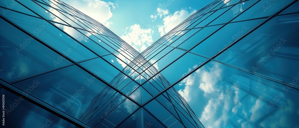 Obraz premium Closeup of a sleek, sharpedged building facade with a mix of glass and metal