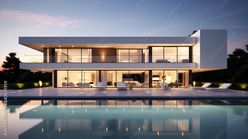 Sleek Modern House with Infinity Pool at Night Sleek Modern House with Infinity Pool at Night