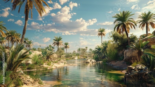 Tranquil Oasis River With Palm Trees Under Blue Sky
