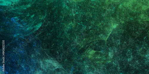 Green dust overlay particle abstract grunge texture on dark background. Abstract distressed vintage grunge. Jade color black particle explosion on dark background. Abstract design with fog on black