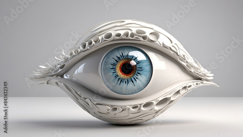 A blue eye model made from porcelain on the white background. Generative AI.