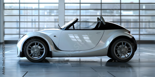 Smart white roadster car in a building with window background.