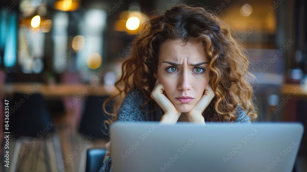Upset female entrepreneur trying to concentrate on work, laptop in modern workspace Upset female entrepreneur trying to concentrate on work, laptop in modern workspace