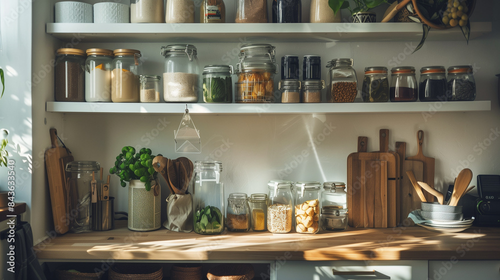 modern kitchen with a zero-waste setup, glass jars and reusable bags, bright and tidy modern kitchen with a zero-waste setup, glass jars and reusable bags, bright and tidy