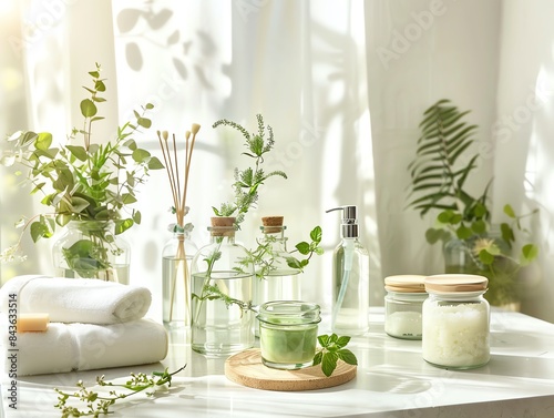 Serene spa scene with candles, plants, and essential oils creating a calm and relaxing atmosphere. Ideal for wellness and self-care themes. © Boontharika
