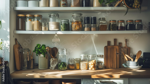 modern kitchen with a zero-waste setup, glass jars and reusable bags, bright and tidy
