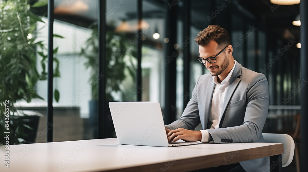 Smiling Businessman Working on Laptop in Modern Office Smiling Businessman Working on Laptop in Modern Office