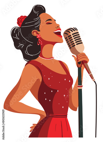 Girl in Red Dress Singing into a Microphone, Perfect for Music and Performance Themes - Flat Vector Illustration