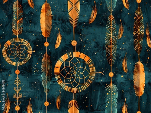 Bohemian Dreamcatcher and Feather Patterns in Vibrant Colors photo