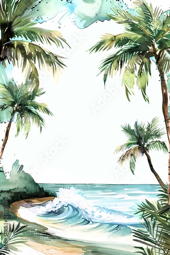 Tropical Beach Watercolor Illustrations with Palm Trees and Ocean Waves photo