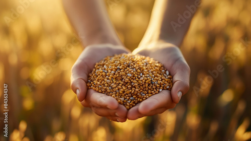 Close-up of a farmer's hands holding a pile of harvested grains, rich and full, warm sunlight, agricultural abundance, empty space for text  © fotogurmespb